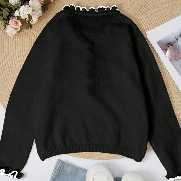 Black Casual Women's V-Neck Pearl Button Sweater Pullover - Picture 3 of 4